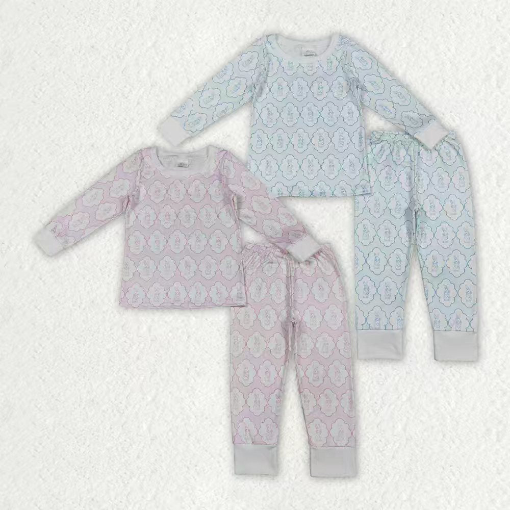 Sibling Baby Boys Girls Rabbits Checked Top Pants Easter Pajamas Sets