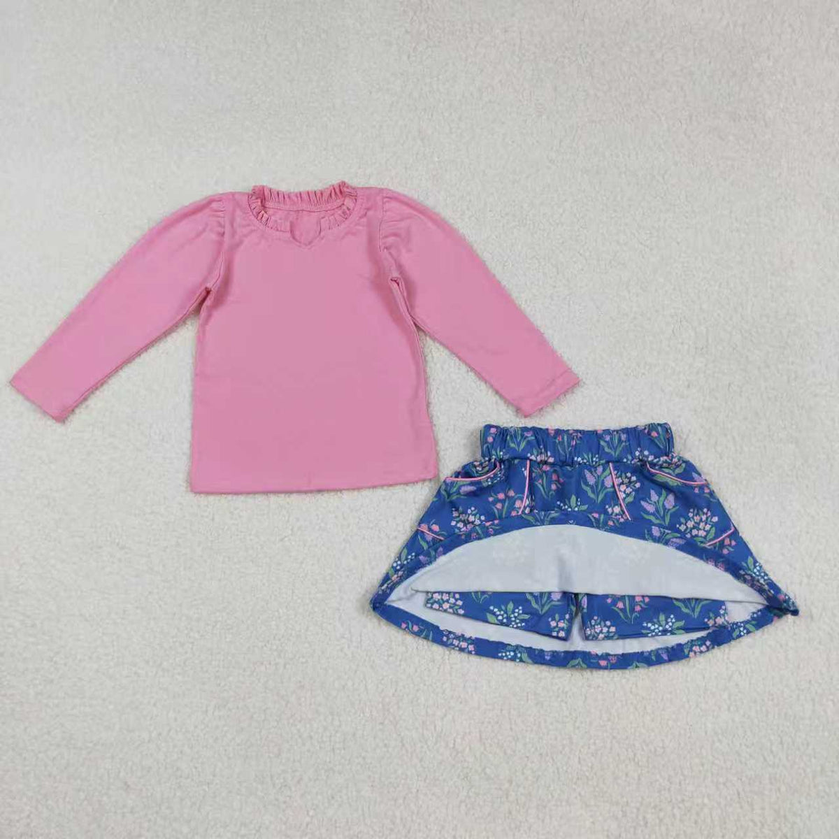Sibling Baby Girls Pink Shirts Blue Floral Pockets Skorts Clothes Set Knee Length Dresses
