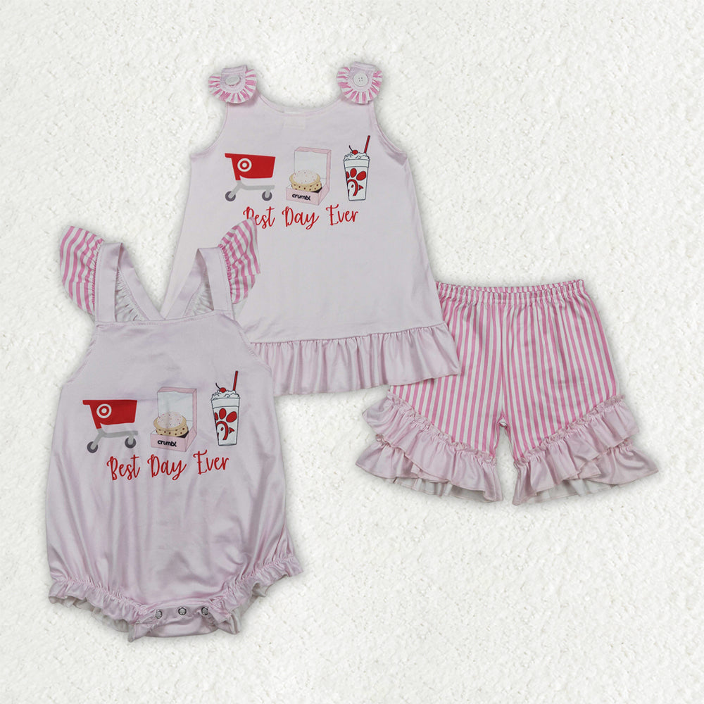 Sibling Baby Girls Pink Stripe Best Day Ever Tunic Ruffle Short Clothes Set Back Bow Rompers