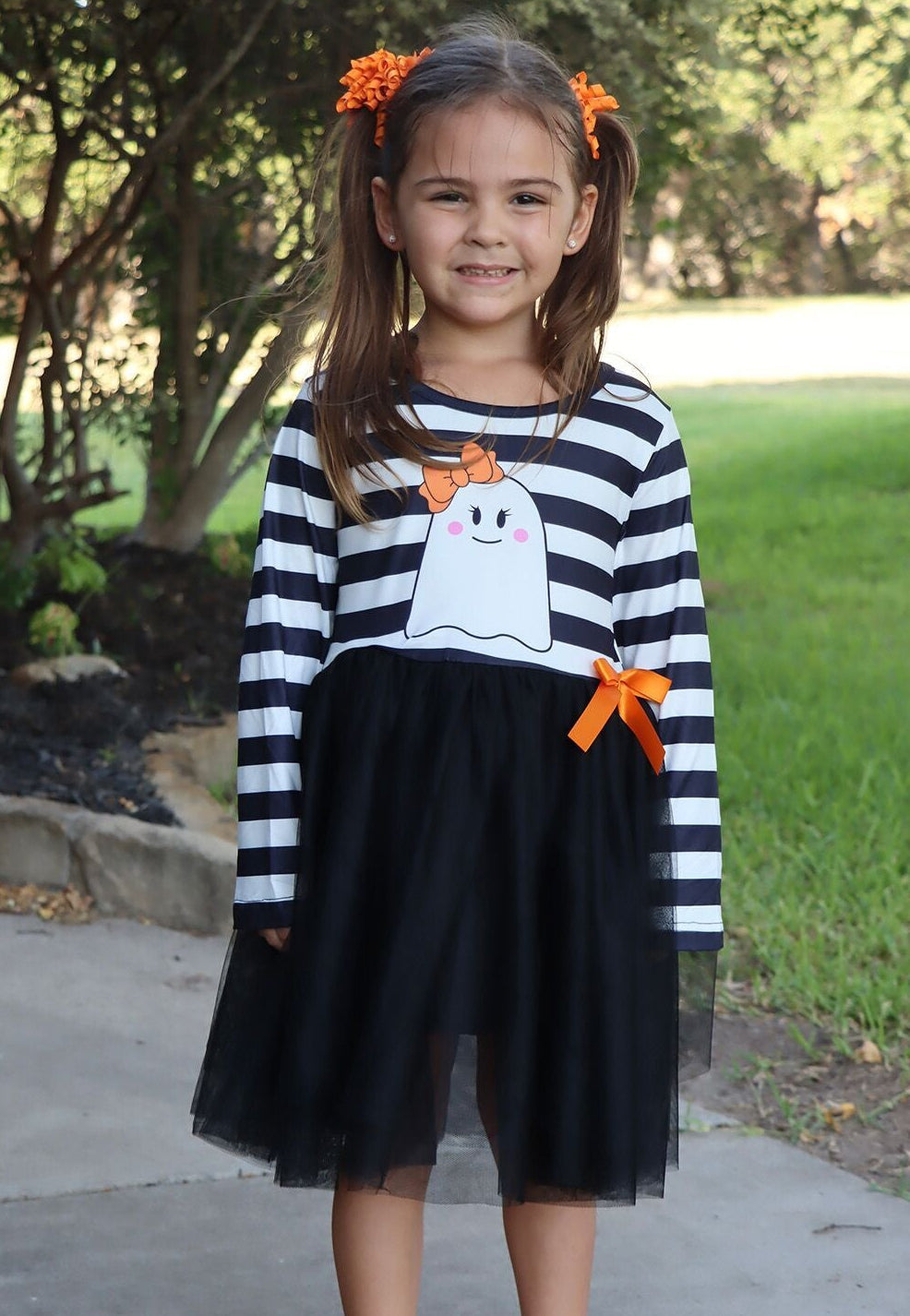 Fall Halloween Ghost Baby Girls Tutu Skirt Long Sleeve Stripe Dress