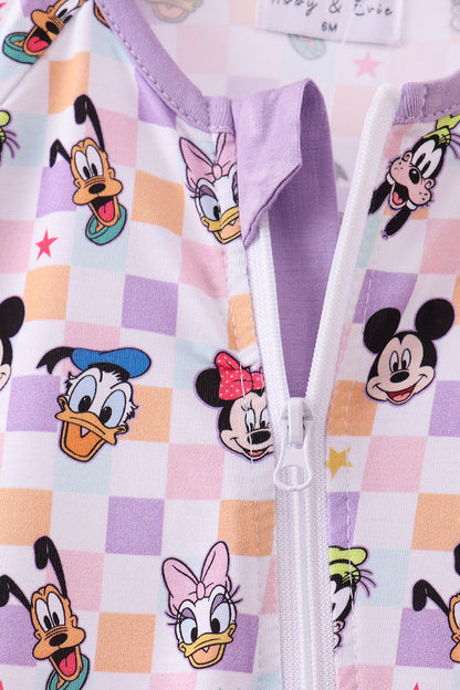 Premium purple character print checkered bamboo romper