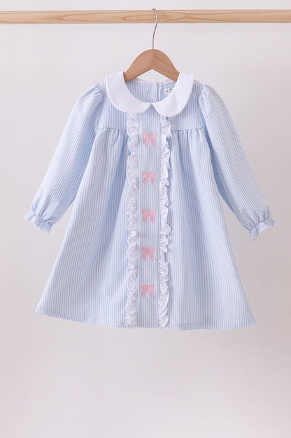 Premium blue stripe bow embroidery dress