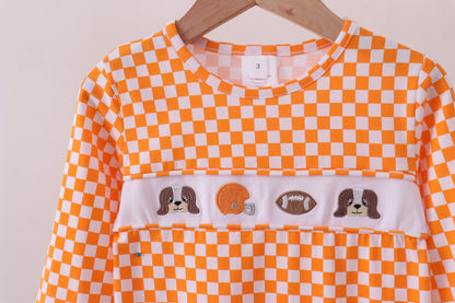 Orange Tennessee puppy bow embroidery checkered top