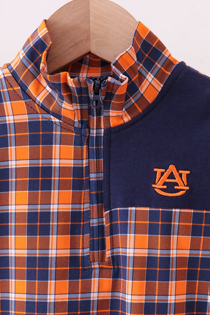 Premium Navy Auburn embroidery plaid top