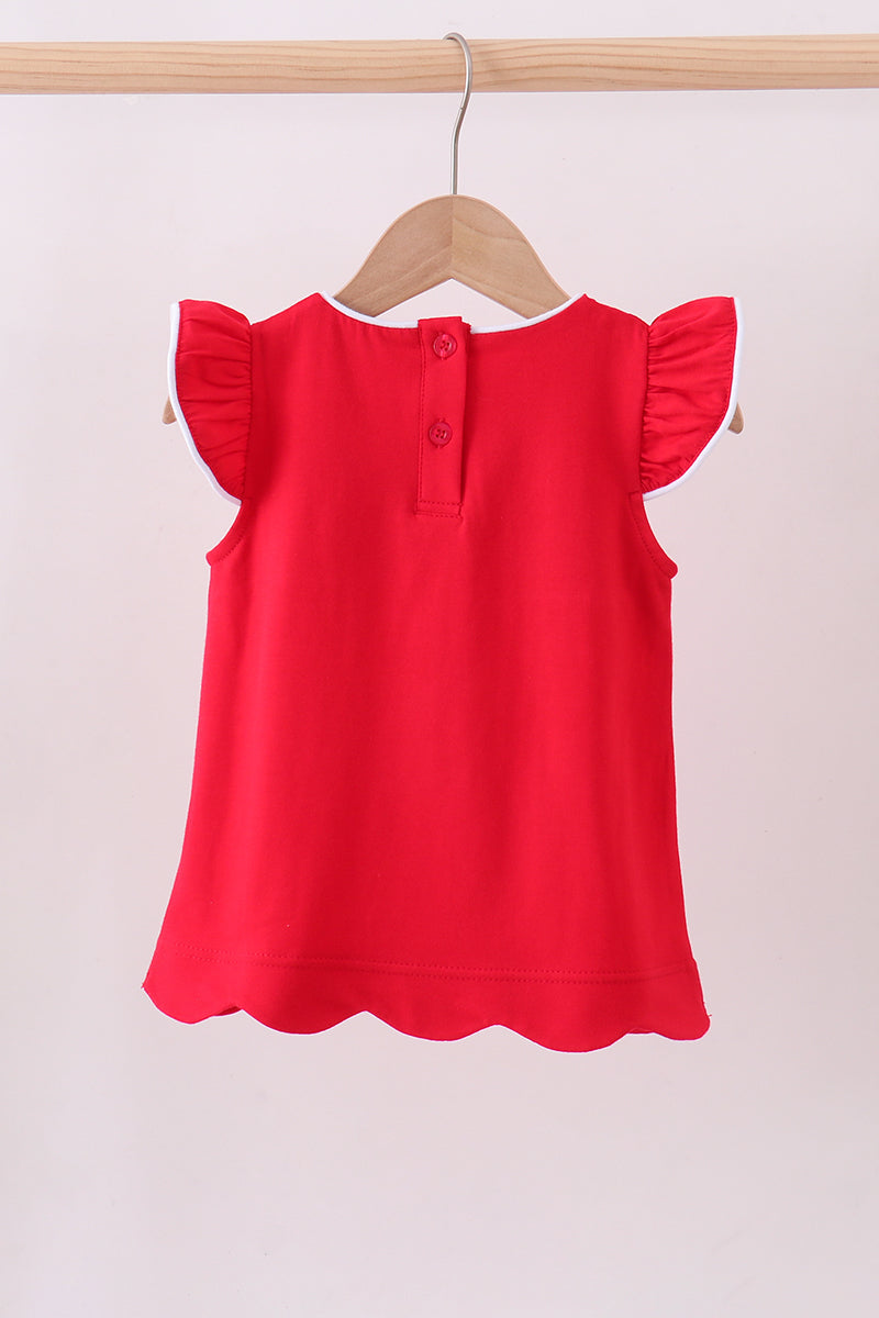 Red flutter sleeve scalloped top