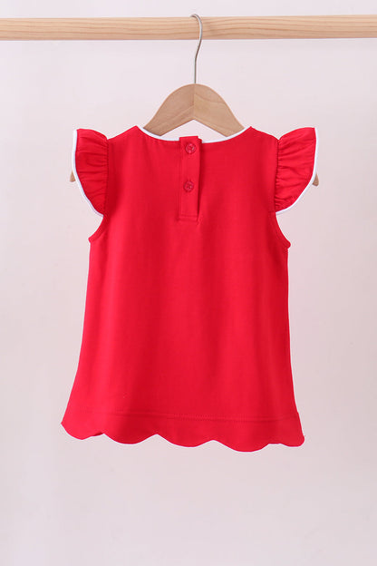 Red flutter sleeve scalloped top