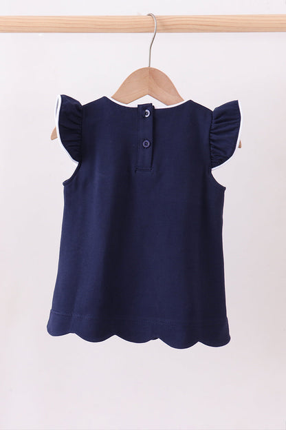 Navy flutter sleeve scalloped top