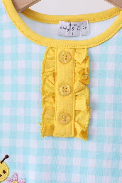 Blue gingham butterfly & bee pocket ruffle shorts set