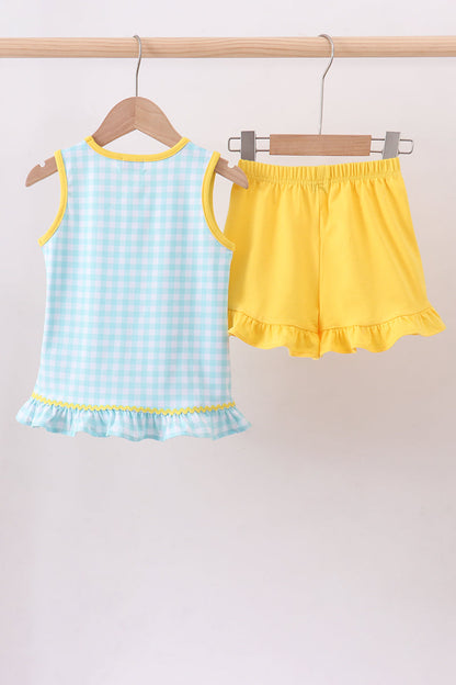 Blue gingham butterfly & bee pocket ruffle shorts set