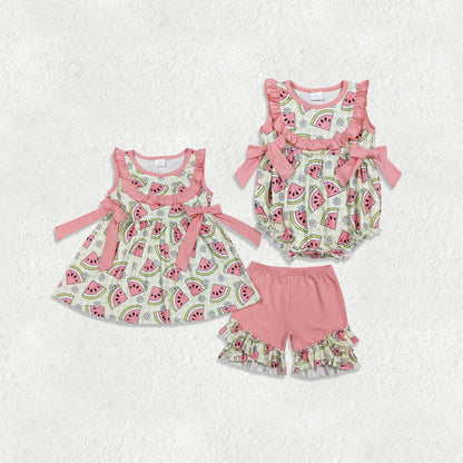 Sibling Baby Girls Sleeveless Watermelons Flowers Tunic Ruffle Shorts Clothes Set Rompers