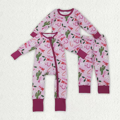 Sibling Baby Girls Boots Cactus Western Christmas Pants Pajamas Sets Zipper Rompers