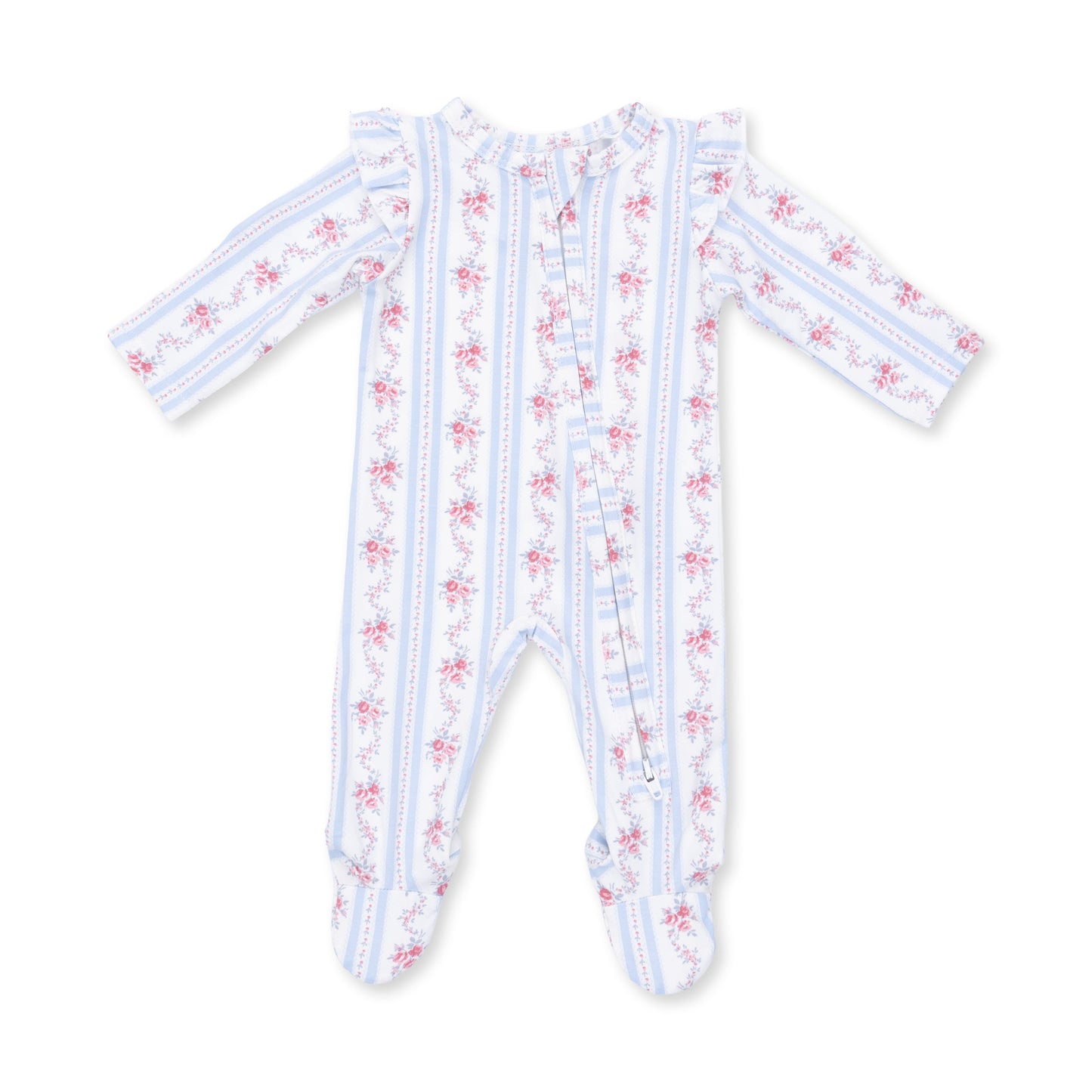 Anna Floral Stripe - 2 Way Ruffle Sleeve Zipper Footie