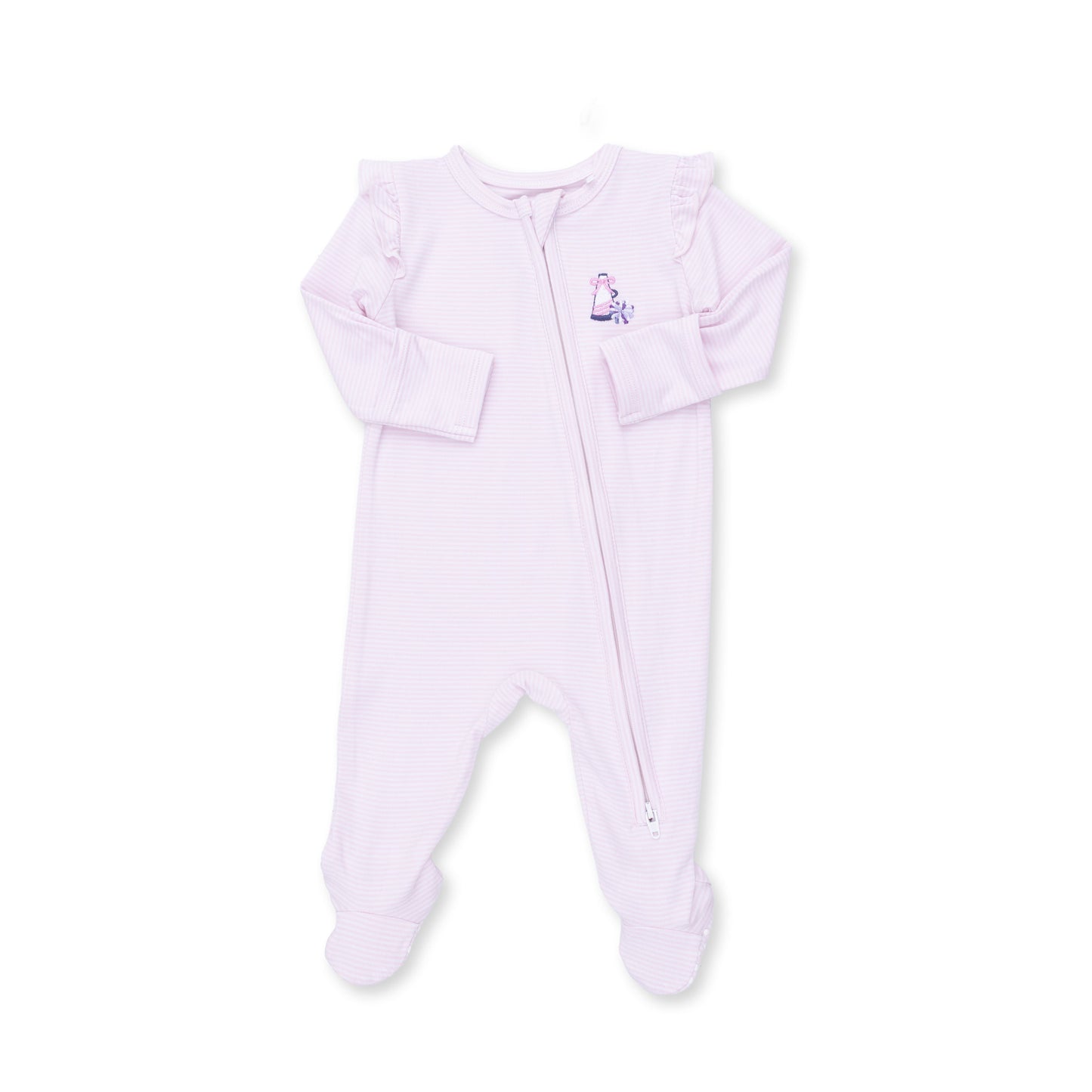 Cheer Pink Micro Stripe - 2 Way Ruffle Sleeve Zipper Footie