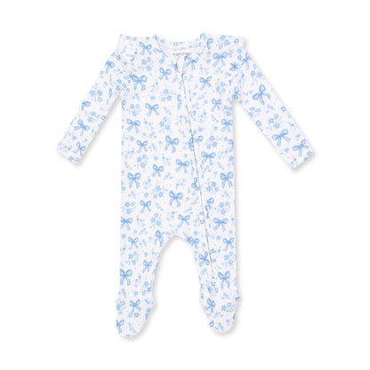 Blue Bows and Flowers - 2 Way Ruffle Sleeve Zipper Footie