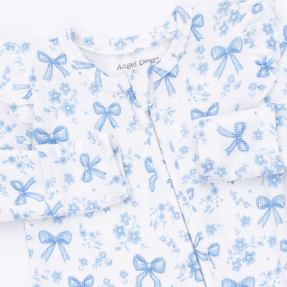 Blue Bows and Flowers - 2 Way Ruffle Sleeve Zipper Footie