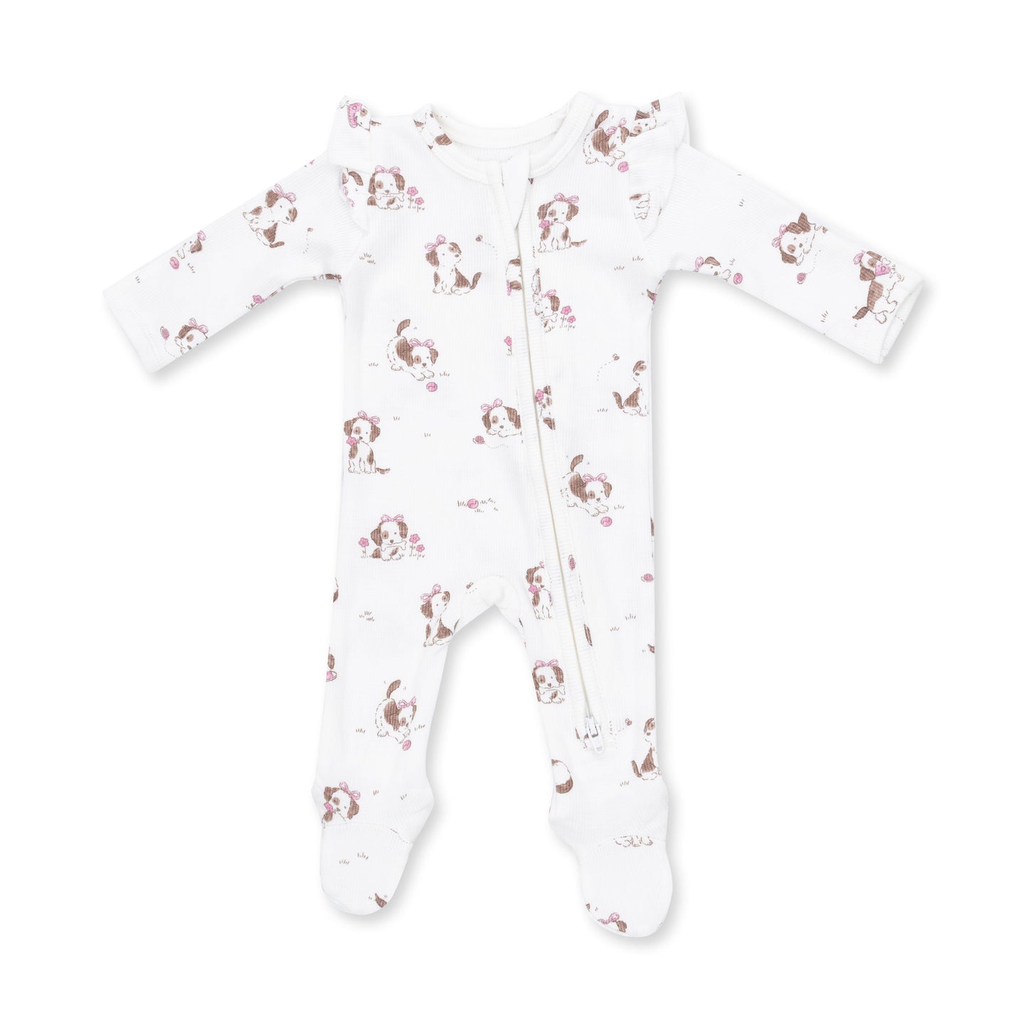 Explorer Puppy Pink - 2 Way Ruffle Sleeve Zipper Footie