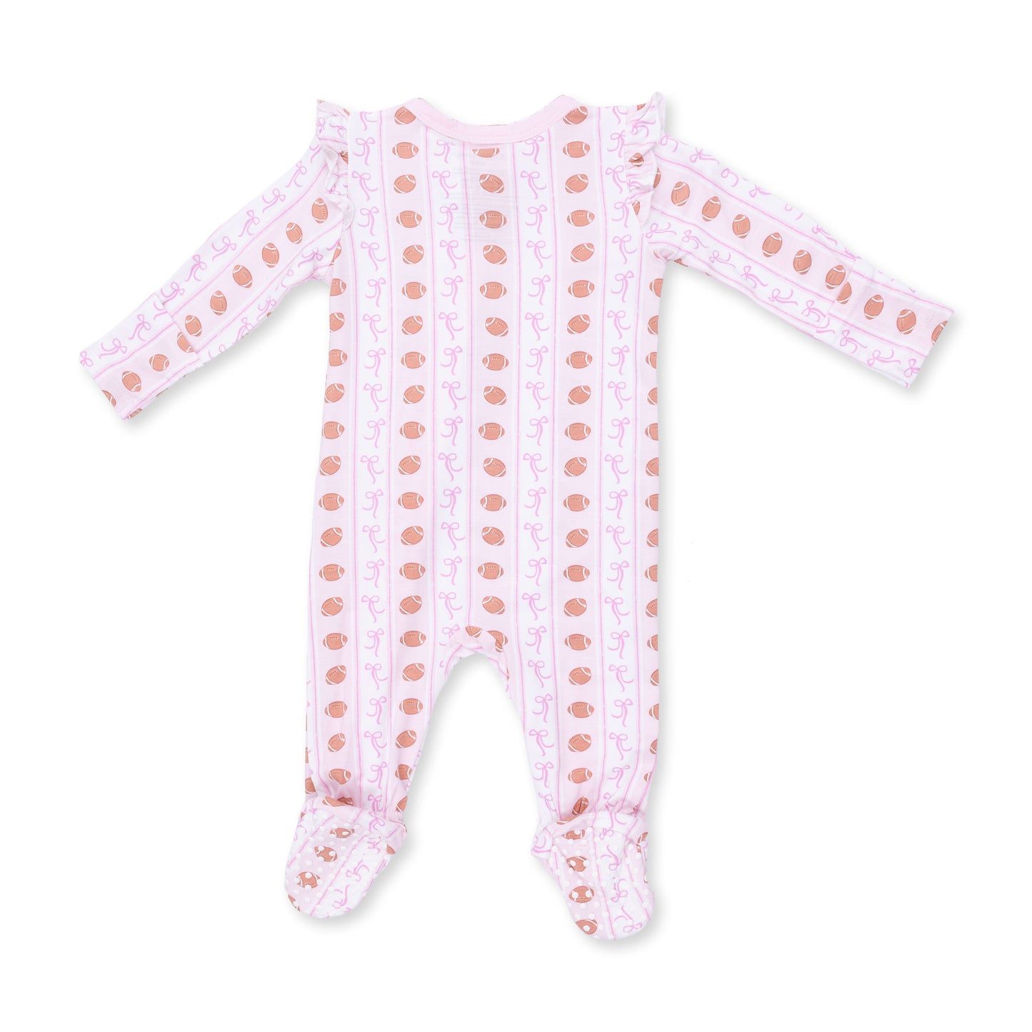 Football Bow Stripe - 2 Way Ruffle Sleeve Zipper Footie