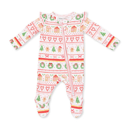 Gingerbread Fair Isle Pink - 2 Way Ruffle Sleeve Zipper Footie