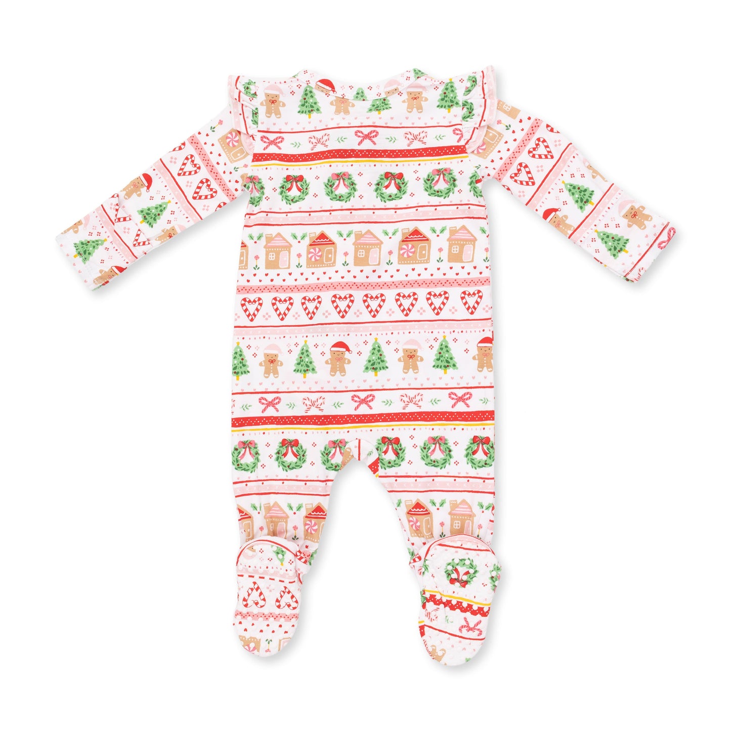Gingerbread Fair Isle Pink - 2 Way Ruffle Sleeve Zipper Footie