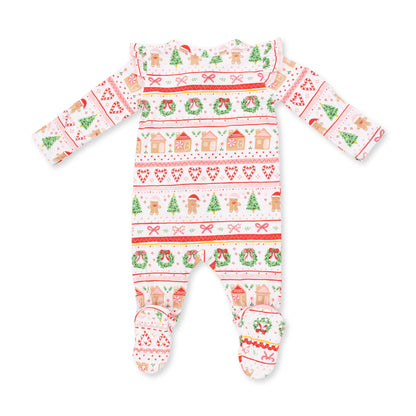 Gingerbread Fair Isle Pink - 2 Way Ruffle Sleeve Zipper Footie