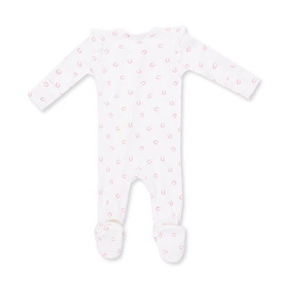 Little Horseshoes Pink - 2 Way Ruffle Sleeve Zipper Footie