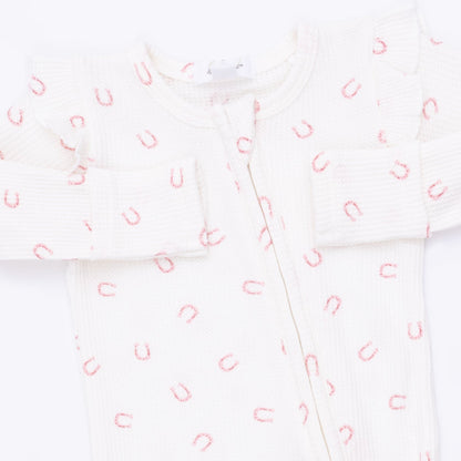 Little Horseshoes Pink - 2 Way Ruffle Sleeve Zipper Footie