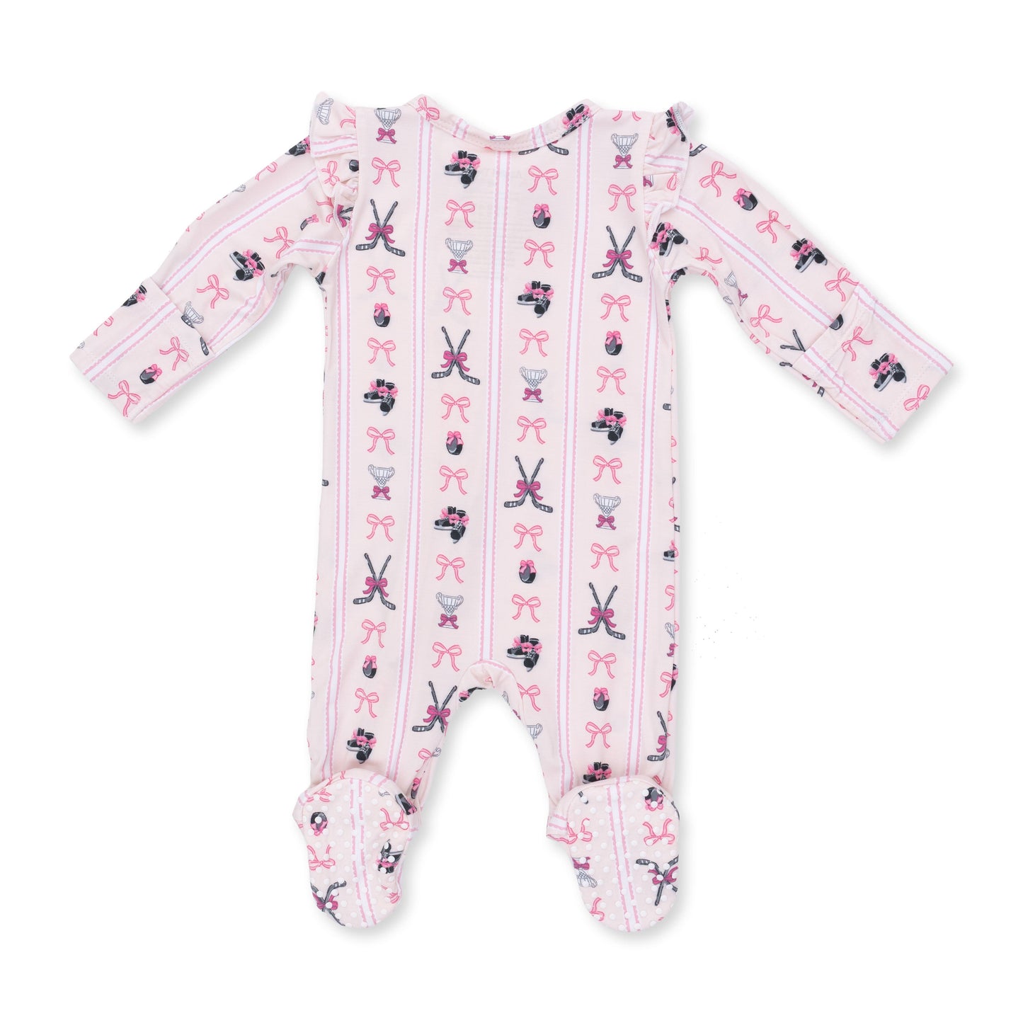 Megan's Bowtiful Hockey Stripe - 2 Way Ruffle Sleeve Zipper Footie