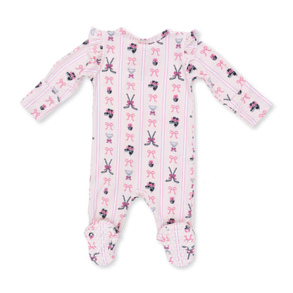 Megan's Bowtiful Hockey Stripe - 2 Way Ruffle Sleeve Zipper Footie