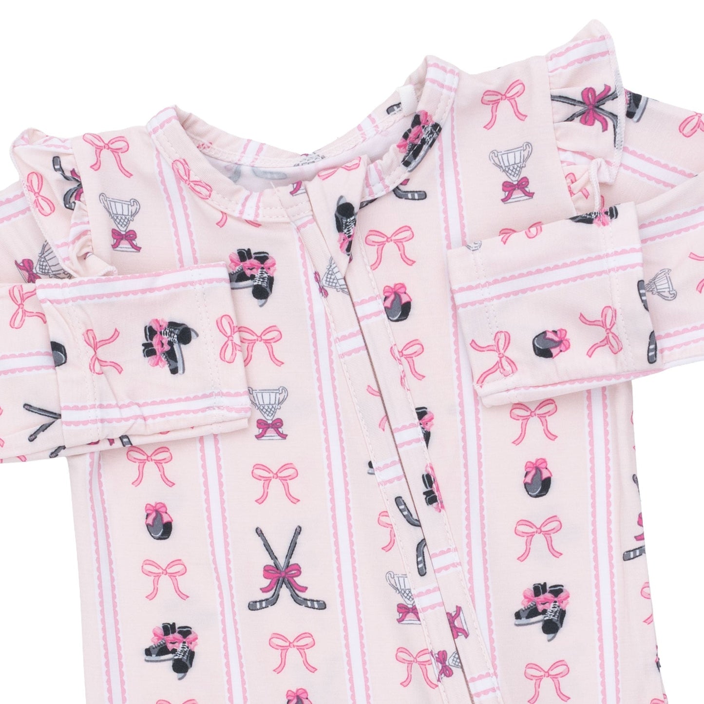 Megan's Bowtiful Hockey Stripe - 2 Way Ruffle Sleeve Zipper Footie