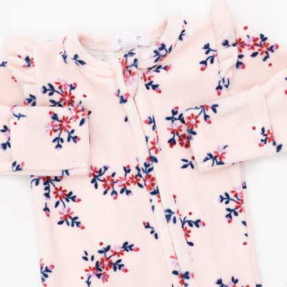 Nora Floral Velour - 2 Way Ruffle Sleeve Zipper Footie