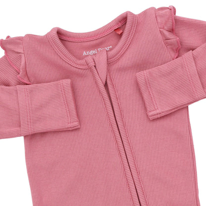 Solid Baroque Rose - 2 Way Ruffle Sleeve Zipper Footie