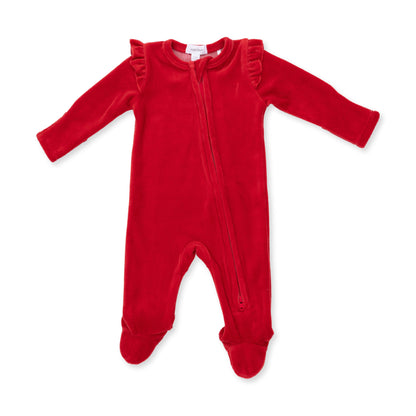Velour Holiday Red - 2 Way Ruffle Sleeve Zipper Footie