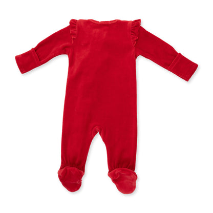 Velour Holiday Red - 2 Way Ruffle Sleeve Zipper Footie