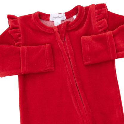 Velour Holiday Red - 2 Way Ruffle Sleeve Zipper Footie