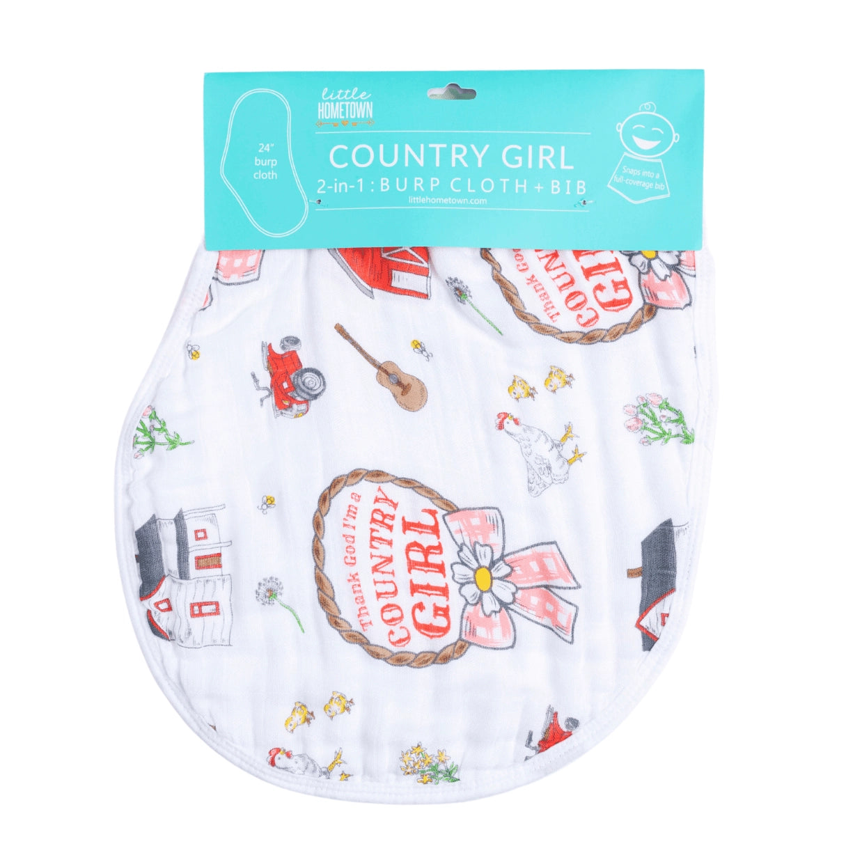 Little Hometown Country Girl 2-in-1 Burp Cloth & Baby Bib | Bamboo Baby Burp Cloth | Southern Baby Girl Gift