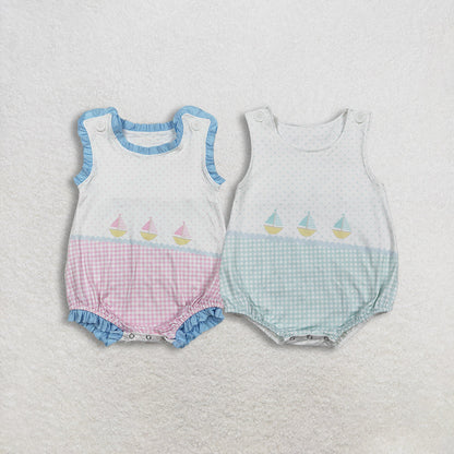 Sibling Baby Boys Girls Sleeveless Boats Polka Dots Checked Rompers