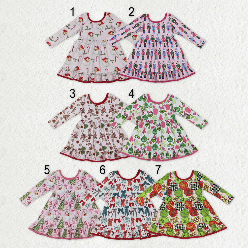 Sibling Baby Girls Christmas Long Sleeve Santa Soldiers Grin Ruffle Knee Length Dresses