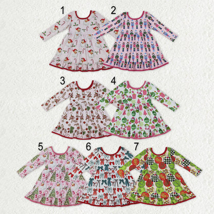 Sibling Baby Girls Christmas Long Sleeve Santa Soldiers Grin Ruffle Knee Length Dresses