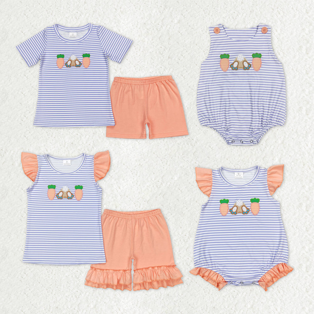 Sibling Baby Kids Embroidery Carrot Rabbit Stripe Top Shorts Easter Clothes Set Rompers