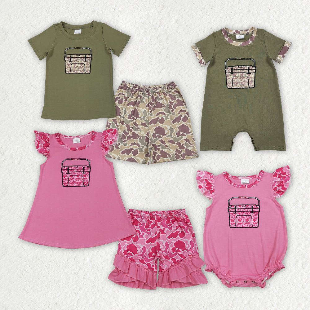 Sibling Baby Kids Embroidery Camo Boxes Top Shorts Hunting Clothes Set Rompers