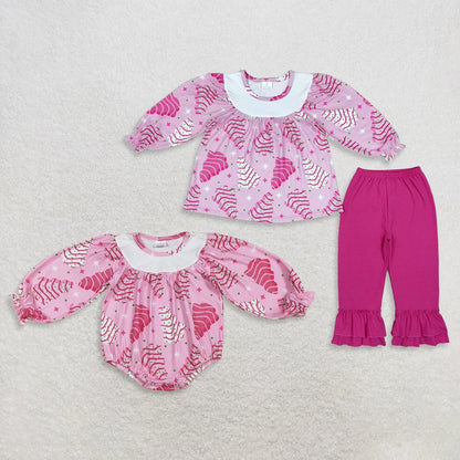 Sibling Baby Girls Pink Stripe Tree Christmas Tunic Ruffle Pant Set Ruffle Rompers