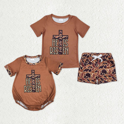 Sibling Baby Boys Brown Camo Cross He is Risen Pockets Shorts Easter Clothes Set Rompers