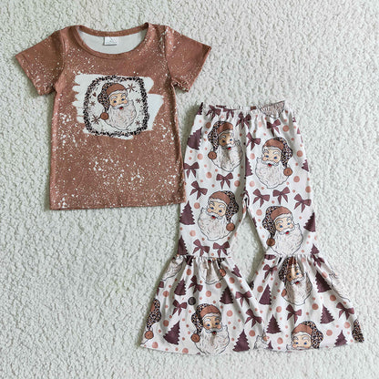 Sibling Baby Girls Leopard Santa Bell Bottom Pants Clothes Set Zipper Footed Rompers