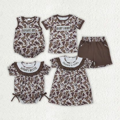 Sibling Embroidery Mama's Boy Girl Brown Camo Shorts Clothes Set Dress Rompers
