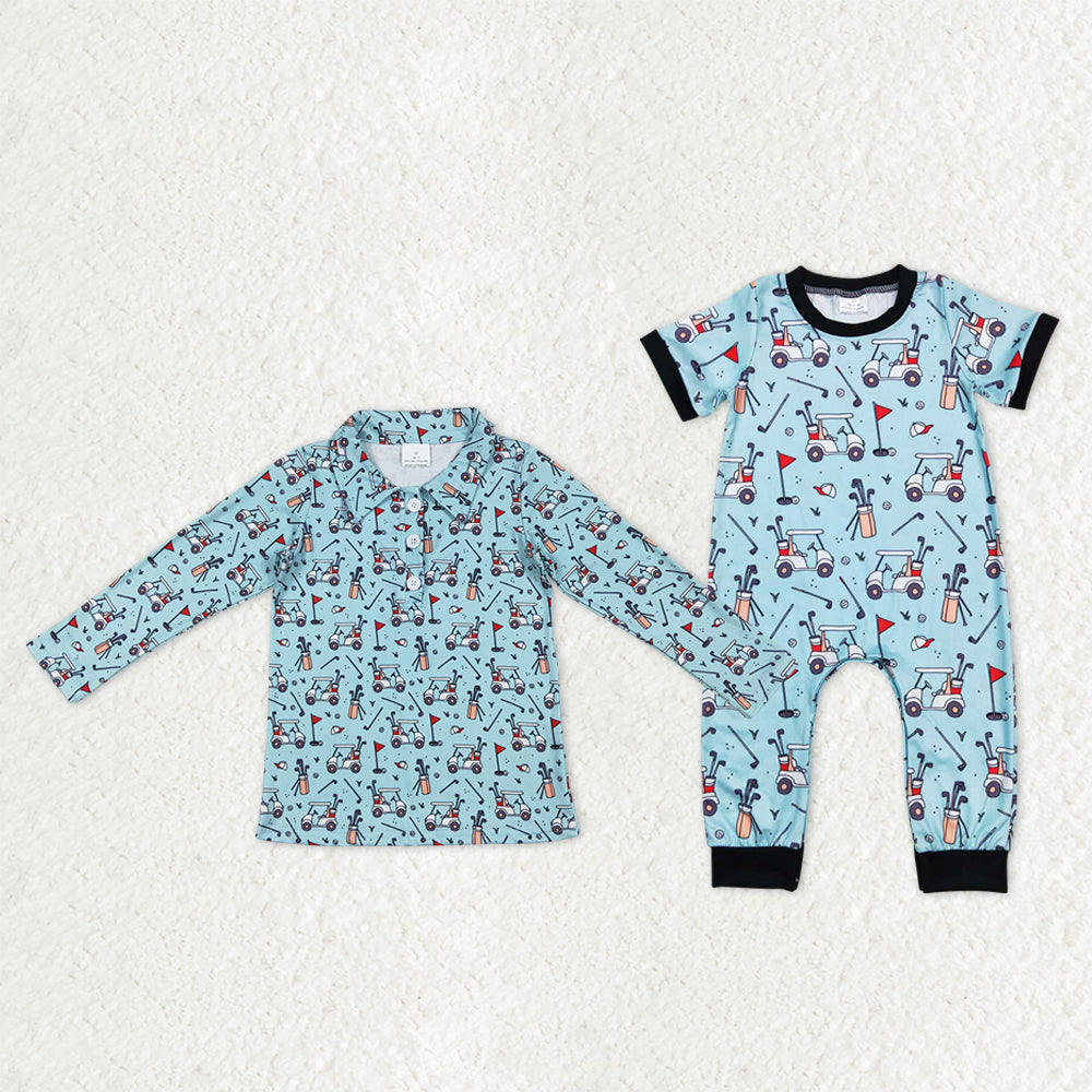 Sibling Baby Boys Blue Golf Flags Button Polo Shirts Footie Rompers