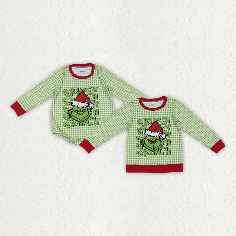 Sibling Baby Boys Green Faces Christmas Checked Tee Shirts Top Rompers