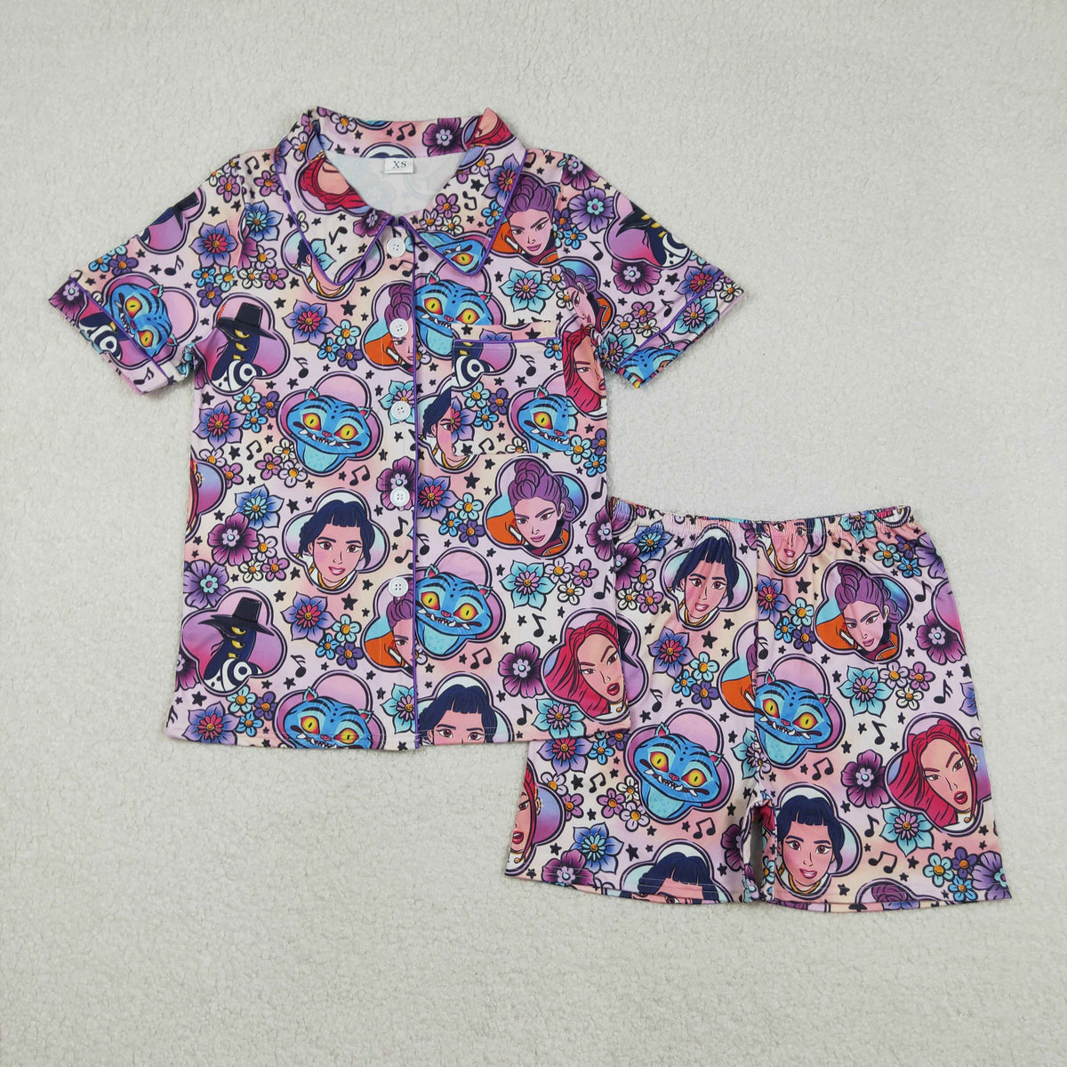 Mama and Me Girls Cartoon Demon Hunter Pant Pajamas Sets Ruffle Knee Length Dress Zip Rompers