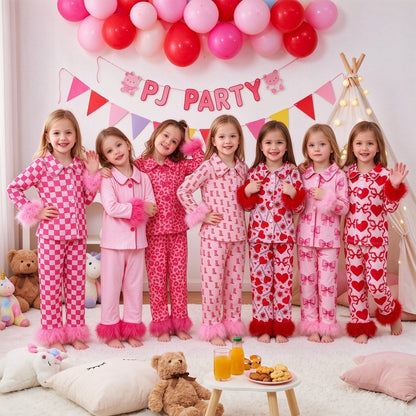 Sibling Baby Girls Bows Boots Hearts Button Top Pant Fur Pajamas Clothes Sets