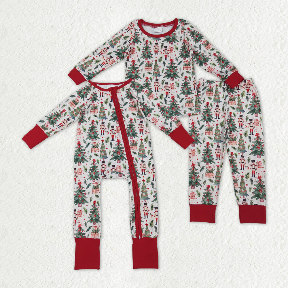 Sibling Baby Boys Christmas Trees Soldiers Gifts Top Pants Pajamas Sets Zipper Footie Rompers
