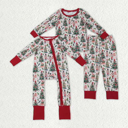 Sibling Baby Boys Christmas Trees Soldiers Gifts Top Pants Pajamas Sets Zipper Footie Rompers
